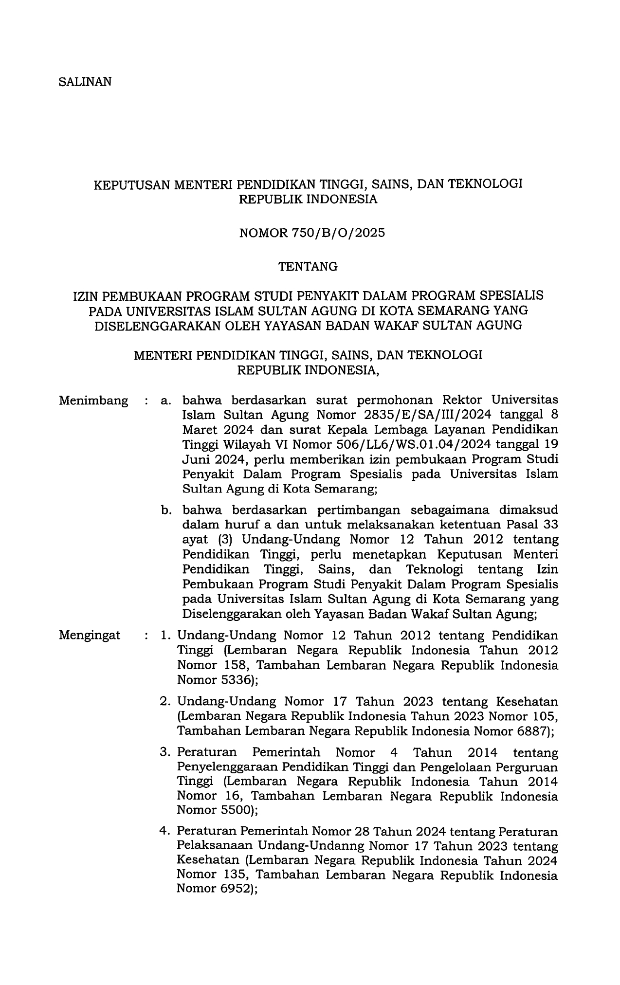 Surat Izin Pembukaan Prodi Spesialis Penyakit Dalam